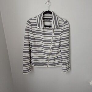 Bagatelle Women's Gray & White Striped Asymmetrical Zipped Jacket, 6